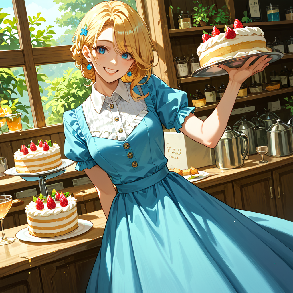 score_9, score_8_up, score_7_up,source_anime, rating_safe, 1girl, blue long dress, puffy short sleeves, collared dress, smile, holding tray, cake, <lora:age_slider_v4:2.5>