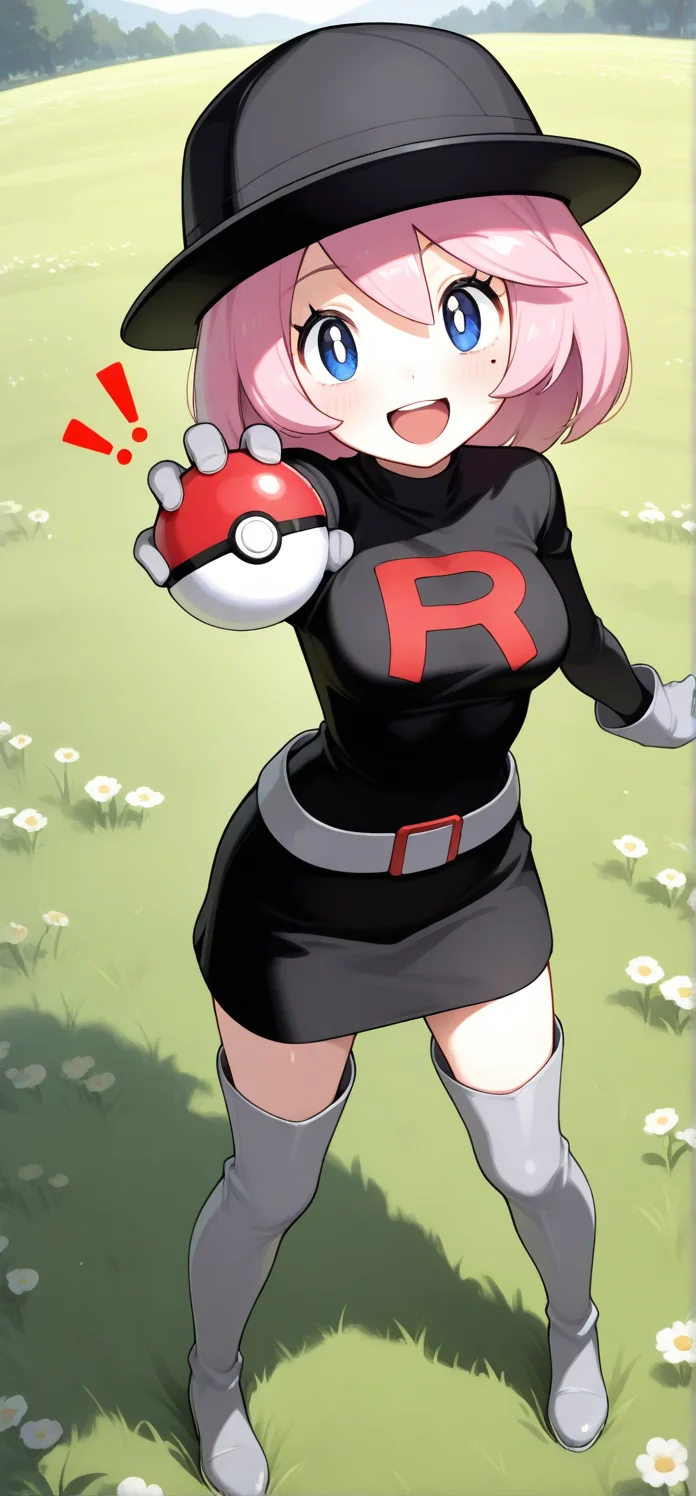 2d, masterpiece, best quality, amazing quality, 1girl, solo, close-up, standing, open mouth, smile, exclamation mark, stretched arm, full body,holding pokeball, looking at viewer, meadow, day, bwyancy, yancy \(pokemon\), blue eyes, white pupils, pink hair, short hair, team rocket grunt \(cosplay\), mole under eye, black hedwear, black shirt, black skirt, thigh boots, grey footwear, grey gloves, belt
