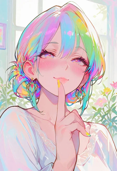 masterpiece, absurdres, newest,extremely detailed, sharp focus, best quality, amazing quality, very aesthetic, matching eyes, colorful, gorgeous mature woman,，smile，blush，nail polish，hand up, fingernails，Upper body,，748cmstyle，Colorful nails, earrings,Shushing gesture (finger on lips