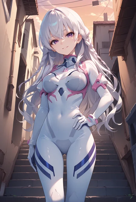 score_9, score_8_up, score_7_up, score_6_up, score_5_up, score_4_up,anime source,
Mai(Ensemble), purple eyes, braid, long hair, white hair, hair between eyes,smile,head tilt,
Evasuit08, white bodysuit, multicolored bodysuit,
standing, hand on own hip,left arm at side,
ruin city,alley,sunset,<lora:MaiXLPony:1>,<lora:Eva08XLPony:1>