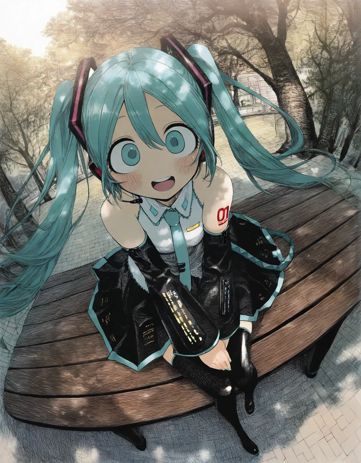 a girl is sitting on a park bench, smile, open mouth, blush, looking at viewer, detached sleeves, black thighhighs, black skirt, (hatsune miku:0.7), dutch angle, spiral_eyes, hatching \(texture\), dappled sunlight, perspective, fisheye,
,,,,,,,,,,,,,,,,,,,,,,,,,,,,,,,,,,,,,,,,,,,,,,,,,,,,
masterpiece, absurdres, highres,
<lora:hirune_style_illustrious01_v2-000037:1>