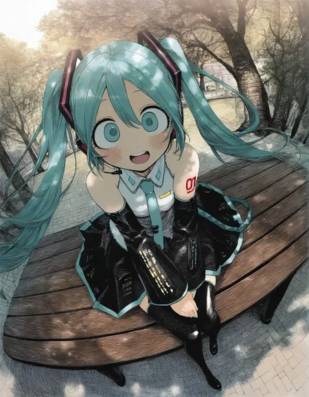 a girl is sitting on a park bench, smile, open mouth, blush, looking at viewer, detached sleeves, black thighhighs, black skirt, (hatsune miku:0.7), dutch angle, spiral_eyes, hatching \(texture\), dappled sunlight, perspective, fisheye, 
,,,,,,,,,,,,,,,,,,,,,,,,,,,,,,,,,,,,,,,,,,,,,,,,,,,,
masterpiece, absurdres, highres, 
 <lora:hirune_style_illustrious01_v2-000037:1>