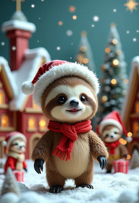 ck-sl0thmas,A small sloth in a magical winter town. The background features Santa claus town, with mini elfs and magical creatures around. A Christmas tree and gifts are present in the background. Magical and cozy atmosphere.