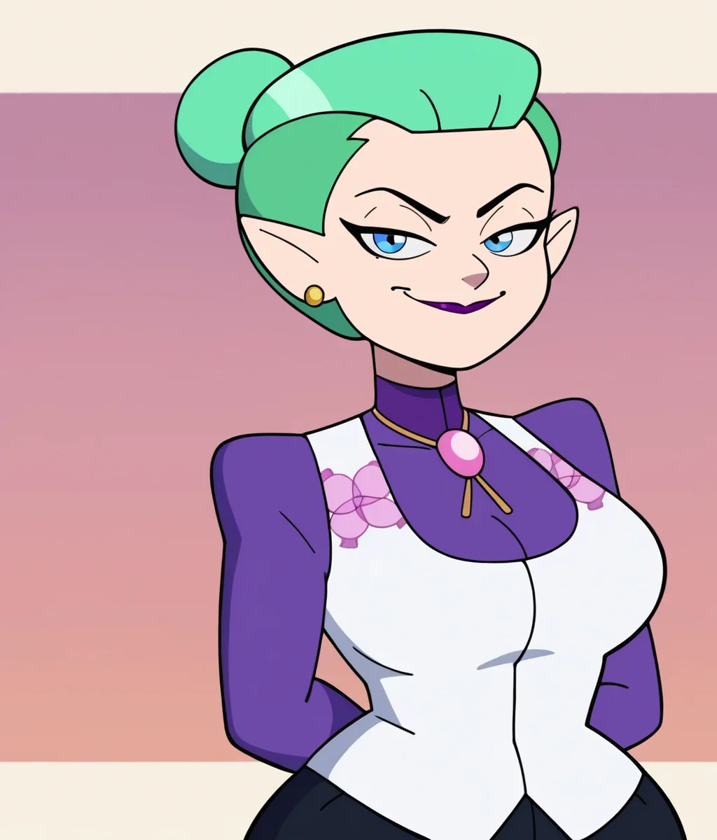 <lora:Odalia_Blight:0.65>, short hair, blue eyes, jewelry, upper body, earrings, mint green hair, pointy ears, hair bun, makeup, lipstick, stud earrings, bolo tie, white vest, purple shirt, gold earrings, purple lipstick, single hair bun, black pants, wide hips, 1girl, looking at viewer, smile, smug, hands behind back, standing pose, wide hips, thick thighs, smug, score_9, score_8_up, score_7_up, cute,