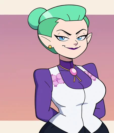<lora:Odalia_Blight:0.65>, short hair, blue eyes, jewelry, upper body, earrings, mint green hair, pointy ears, hair bun, makeup, lipstick, stud earrings, bolo tie, white vest, purple shirt, gold earrings, purple lipstick, single hair bun, black pants, wide hips, 1girl, looking at viewer, smile, smug, hands behind back, standing pose, wide hips, thick thighs, smug, score_9, score_8_up, score_7_up, cute,