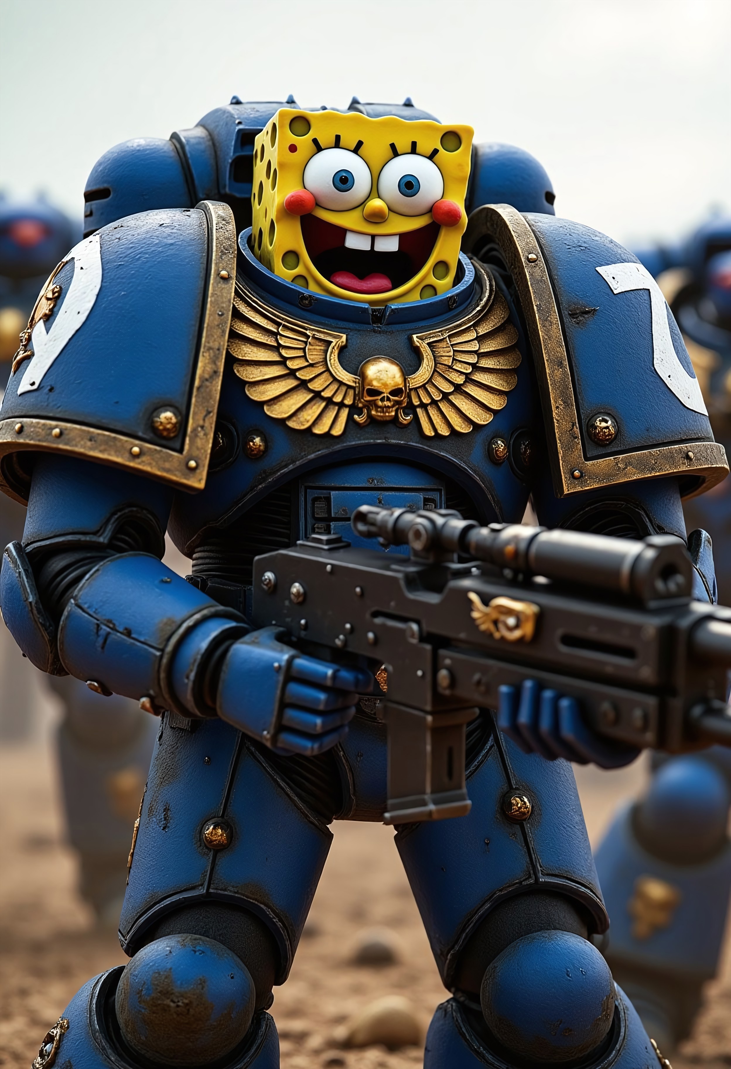 An Ultramarine torso clad in majestic, battle-scarred blue power armor, featuring the iconic gold Aquila and Ultramarines insignia, paired with massive pauldrons and intricate details. Instead of the expected grim helmet, the head of Spongebob sits hilariously atop the armor, laughing uncontrollably with his trademark wide grin, huge buck teeth, and bright, goofy eyes. His spongey head contrasts absurdly with the seriousness of the armor. In his oversized armored gauntlets, he clutches a massive, futuristic rifle that's comically too serious for his cheerful demeanor. 