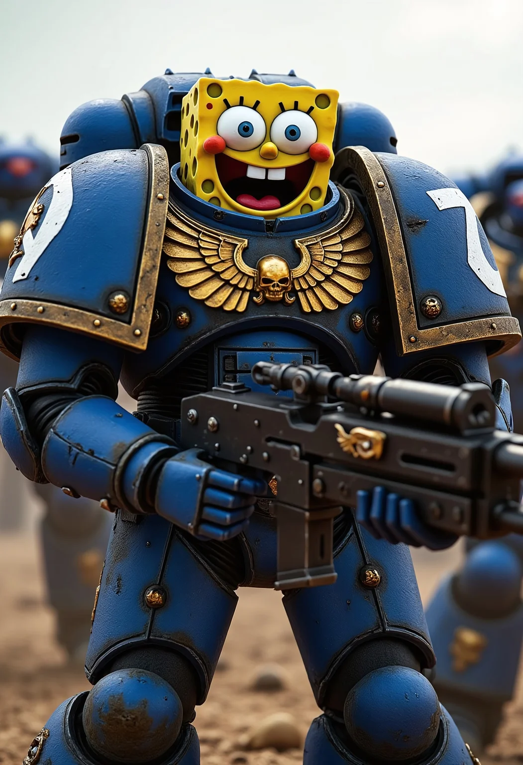 An Ultramarine torso clad in majestic, battle-scarred blue power armor, featuring the iconic gold Aquila and Ultramarines insignia, paired with massive pauldrons and intricate details. Instead of the expected grim helmet, the head of Spongebob sits hilariously atop the armor, laughing uncontrollably with his trademark wide grin, huge buck teeth, and bright, goofy eyes. His spongey head contrasts absurdly with the seriousness of the armor. In his oversized armored gauntlets, he clutches a massive, futuristic rifle that's comically too serious for his cheerful demeanor.