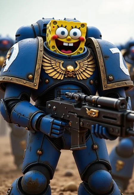 An Ultramarine torso clad in majestic, battle-scarred blue power armor, featuring the iconic gold Aquila and Ultramarines insignia, paired with massive pauldrons and intricate details. Instead of the expected grim helmet, the head of Spongebob sits hilariously atop the armor, laughing uncontrollably with his trademark wide grin, huge buck teeth, and bright, goofy eyes. His spongey head contrasts absurdly with the seriousness of the armor. In his oversized armored gauntlets, he clutches a massive, futuristic rifle that's comically too serious for his cheerful demeanor. 