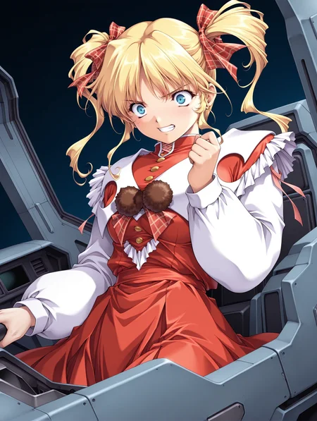 masterpiece,best quality,amazing quality,1girl,solo
<lora:IL_ootori_sisters:1>,ootori akane,blonde hair,red hair ribbon,blue eyes,twintails,red dress,long sleeves,pom-pom,bow,red skirt,<lora:Fixhands_anime_bdsqlsz_V1:1>,simple_background,zerosiki,mecha,cockpit,serious,dynamic_angle,cinematic_angle,dutch angle,medium breasts,cowboy_shot,portrait,dark,grin,constricted pupils,wide-eyed,crazy_smile,shouting,
