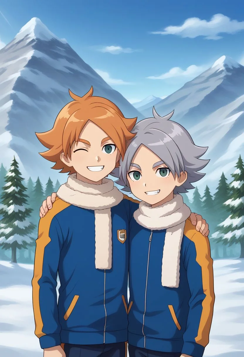 score_9, score_8_up, source_anime, highly detailed, 2boys, male_focus, slender, skinny,
aiden, 1boy, male focus, scarf, sportswear, orange hair, white scarf, jacket, grin,
fubuki2, 1boy, male focus, 1boy, scarf, tree, telstar, sky, day, grey hair, wink,
outdoor, mountains, snow, tree, hand on shoulder, sibling,