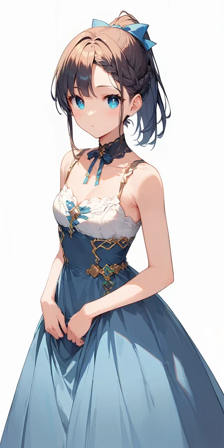 score_9, score_8_up, score_7_up,source_anime, high res image,masterpiece,best quality,girl,cute face,clear skin,shiny hair,ultra detailed eyes,simple background, <lora:ponytail_pony_V1.0:0.6> ponytail, braid,ribbon,dress