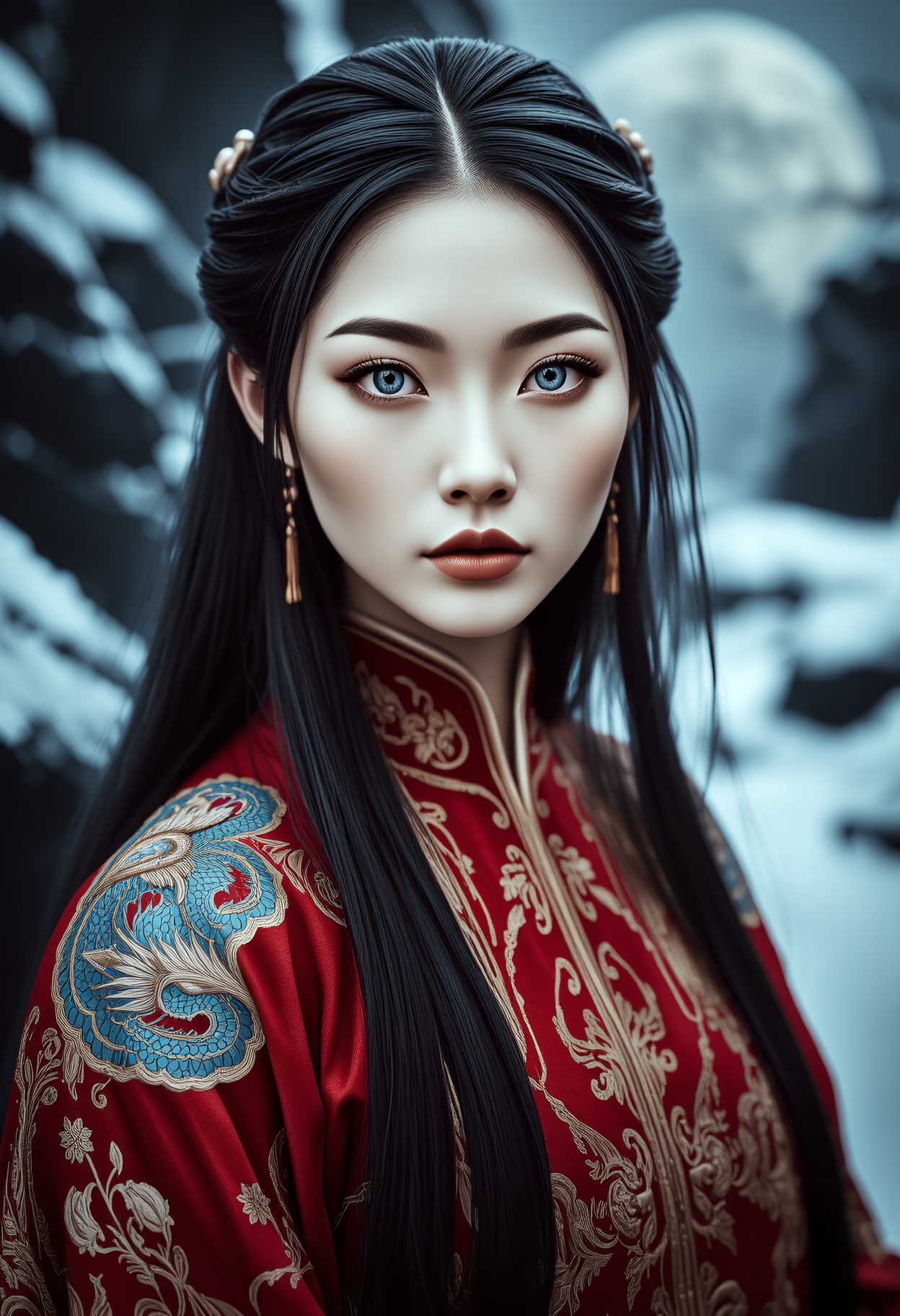 ral-ertmsphr, realistic, detailmaximizer, portrait of a young beautiful Chinese woman with pale skin and long dark hair, blue mystical make up, striking white eyes with ,  pale blue lips. She wears an ornate, traditional garment in red gold and blue with dragon-like designs on the shoulders. Set against a blurred snowy landscape with dark rocks and trees creating a serene mystical atmosphere. The style focuses on realistic textures, intricate details, and ethereal beauty, evoking a contemplative, mystical mood. highly detailed background,