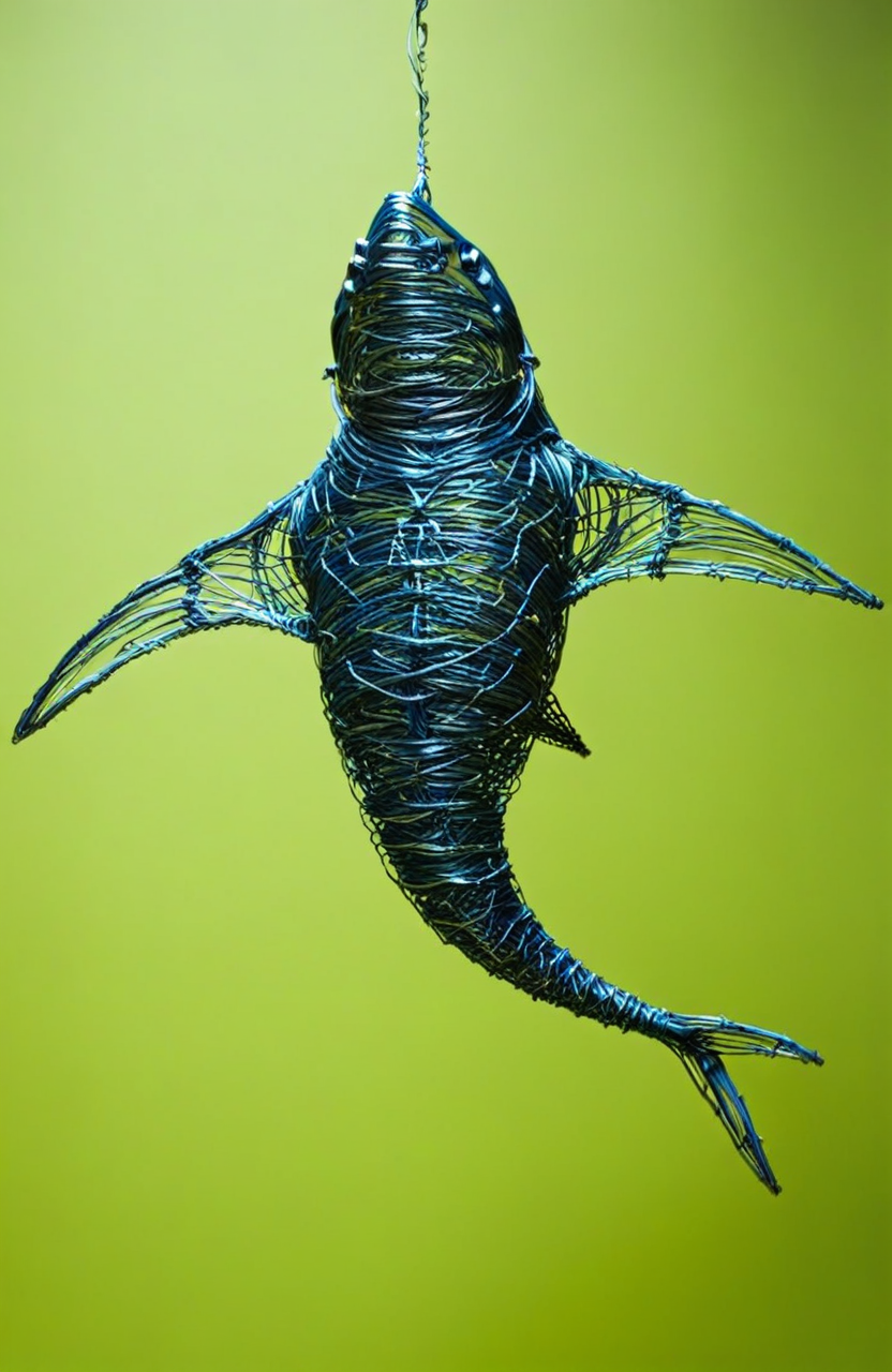 wire art, Close-up portrait of a shark, underwater,  high-resolution image, studio shot, <lora:éä¸èºæ¯:0.7>