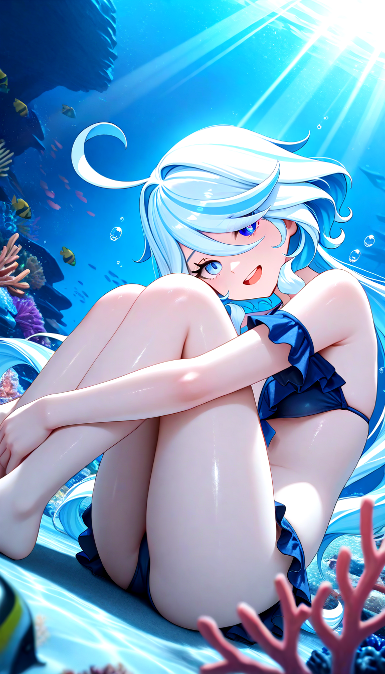 masterpiece, best quality, amazing quality, very aesthetic, absurdres, highres, newest, HDR, 8K, high detail, intricate details, smooth shading, glossy surfaces, subtle lighting, luster, high contrast, shiny skin,
1girl, solo, furina \(genshin impact\), blue eyes, ahoge, swimsuit, frills, round teeth, smile, air bubble, particles, hugging legs, underwater, Coral reef, tropical fish, diagonal angle, dutch angle, sunbeam, polarized, fantasy, blue theme, (chromatic aberration, polarized:1.2), blurry foreground, lighting, particles,