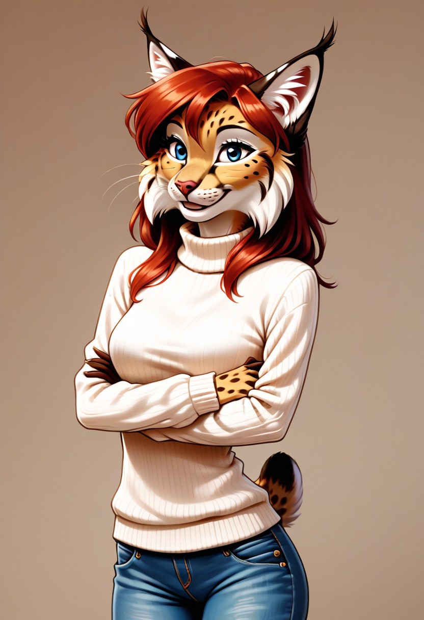 digital_media_(artwork) hi_res, score_9, score_8_up, score_7_up, score_6_up, source_furry, rating_safe, anthro, furry, female, furry female, detailed textured fur, fur tufts, lynx, red hair, blonde brown fur, spots, beautiful blue eyes, medium breasts, covered breasts, slim, slender, turtleneck sweater, denim jeans, smile, SFW,