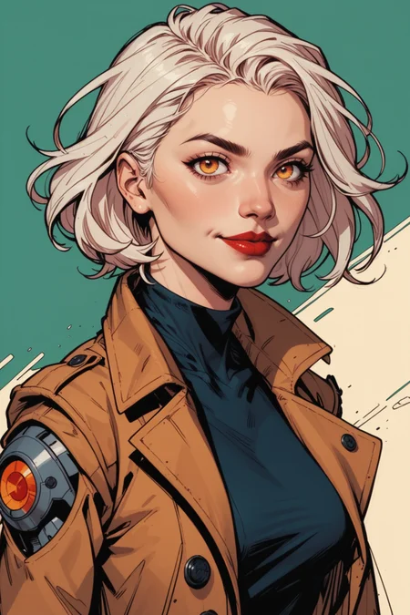 1girl, solo, short hair, looking at viewer, coat, white hair, turtleneck, buttons, brown coat, arms at sides, pocket, breasts, yellow eyes, trench coat, mechanical arms, long sleeves, lips, hair between eyes, closed mouth, cowboy shot, medium breasts, standing, black shirt, cyborg, lipstick, orange eyes, double-breasted, smile, joints, robot joints, shirt, makeup, single mechanical arm, red lips, simple background, green background, <lora:Expressive_H:0.5>, score_9, score_8_up, score_8_up, a_Comic_Illustration, rough lines with ink, (drawn:1.1), (sketch:1.5), (crosshatching:1.25), (comic style:1.1), graphic novel style, sharp lines, hires, zstyle, (western comics \(style\):1.1), (hatching \(texture\):1.2), zPDXL, Mr_Monster_Possitive