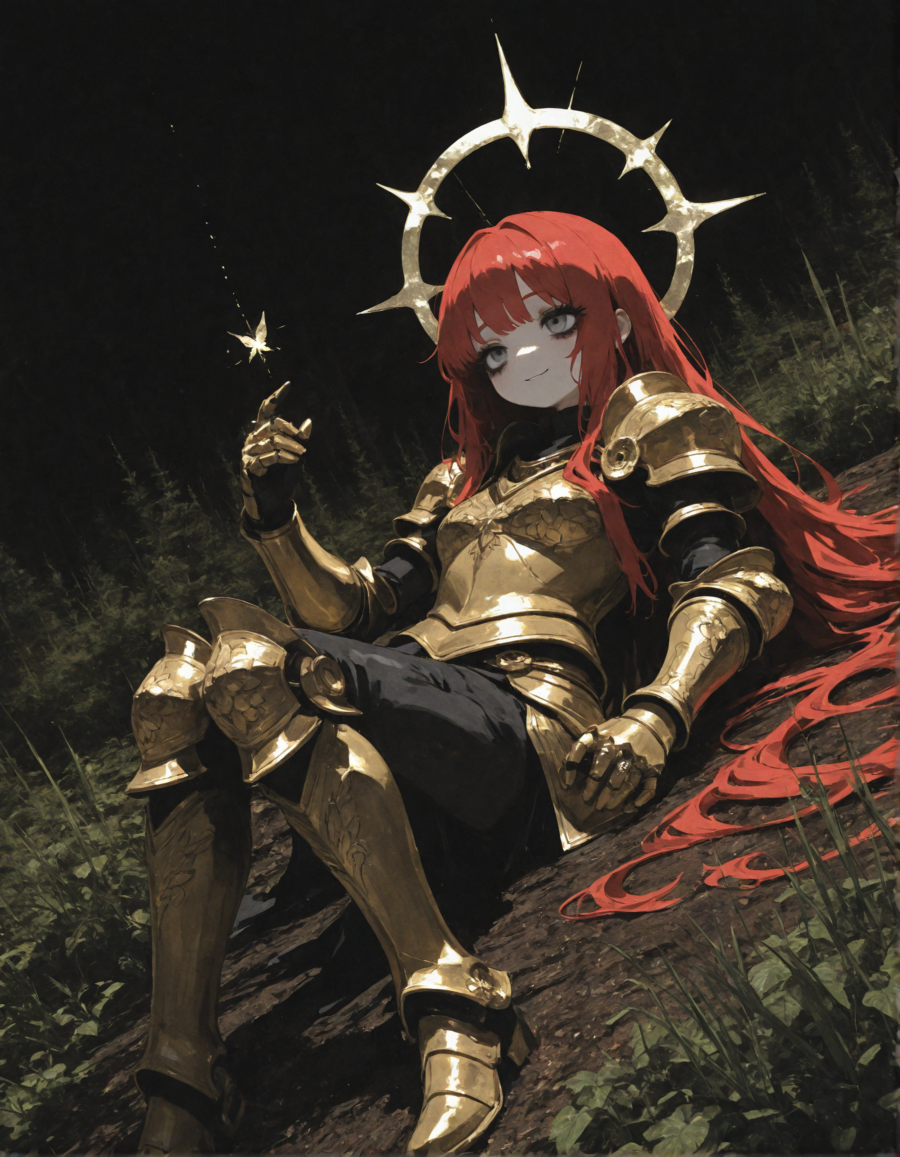 very dark background, nature background,
aGl0, surreal, horror theme,
flat colors, no lineart, dutch angle
1girl, solo, very long hair, red hair, grey eyes, thick eyelashes,
gold armor, floral armor, intricate details, pauldrons, gauntlets, hip armor, metal boots,
sorrow, gentle smile, 
golden ring background, halo, 
masterpiece, best quality, very aesthetic, absurdres, absurd detail, extremely detailed eyes, beautiful eyes,