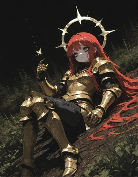 very dark background, nature background,
aGl0, surreal, horror theme,
flat colors, no lineart, dutch angle
1girl, solo, very long hair, red hair, grey eyes, thick eyelashes,
gold armor, floral armor, intricate details, pauldrons, gauntlets, hip armor, metal boots,
sorrow, gentle smile,
golden ring background, halo,
masterpiece, best quality, very aesthetic, absurdres, absurd detail, extremely detailed eyes, beautiful eyes,