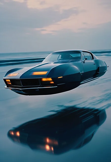 photo of a Hovering_Car, high speed floating about 50m high over the ground, without wheels, Matte black Styled flying aerodynamic Sci-fi Chevrolet, flying over DARK blue translucent water, high waves,,
atmospheric haze, Film grain, cinematic film still, shallow depth of field, highly detailed, high budget, cinemascope, moody, epic, OverallDetail, 2000s vintage RAW photo, photorealistic, candid camera, color graded cinematic, atmospheric lighting, imperfections, natural, shallow dof
