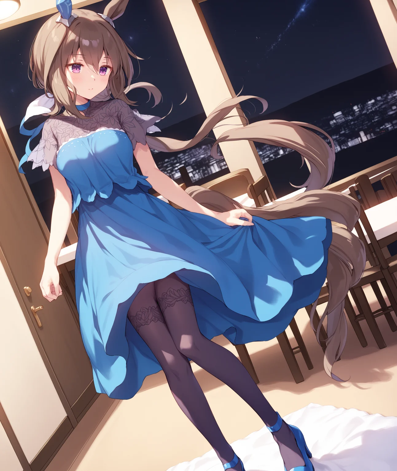 score_9, score_8_up, score_7_up, source_anime,
evening_dress, 1girl, solo, long hair, breasts, blush, brown hair, dress, hair between eyes, purple eyes, tail, ponytail, indoors, night, blue dress, horse ears, horse girl, horse tail, low ponytail, standing, lace, pantyhose, blue high heels,
<lora:Admire_vega_XL-ponyXL_optV2-000008:1>