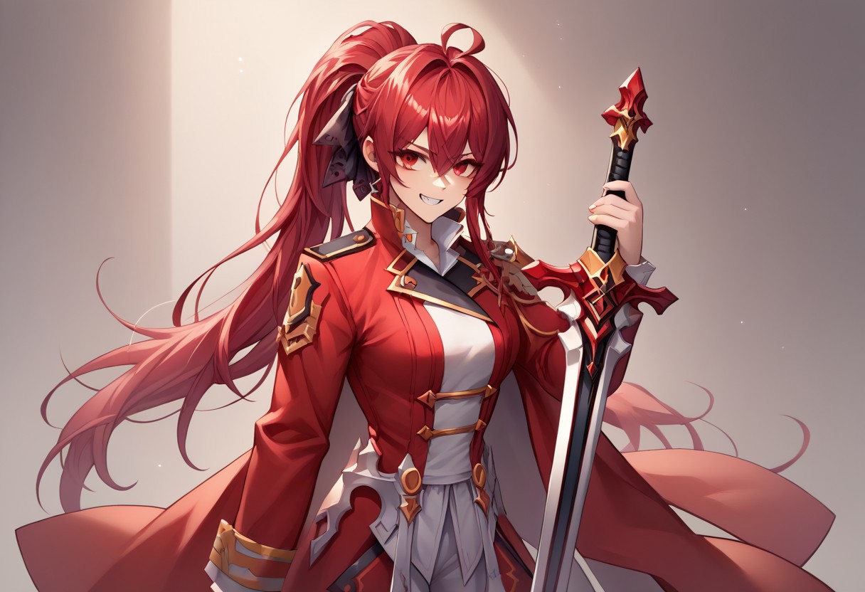 score_9, score_8_up, score_7_up, source_anime, good anatomy, solo, 1girl, elesisEmpSord, ponytail, red hair, red eyes, red and white military uniform, double breasted jacket, no shoulderguards, white thighhigh, garterbelt, no shoulderguards, hands on sword hilt, wide grin