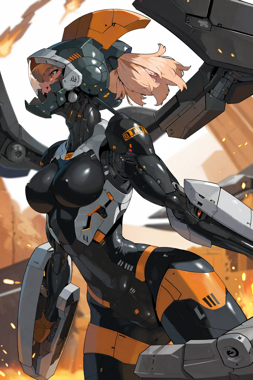 by yu2maru, 1girl, sci-fi theme, perspective, from side, holding shield, angry, open mouth, bodysuit, helmet, mechanical wings, concept art, dynamic blur, detailed, beautiful color, amazing quality, particle, resistance army