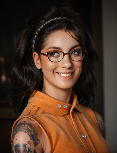 beautiful woman, portrait, tattoos, glasses, smiling, looking to the side, orange shirt, sleeveless <lora:Nico_Goldstein:0.9> nico, score_9, score_8_up, score_7_up, score_6_up