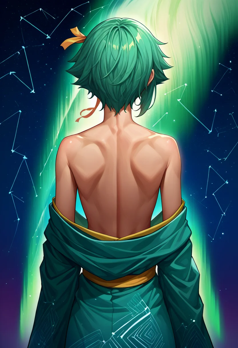 score_9, score_8_up, source_anime, 1girl, solo, ZessicaWong, short hair, hair ribbon, aurora, back, bare back, bare shoulders, constellation, from behind, kimono, light particles, long sleeves, off shoulder, <lora:ChamZessicaWongPonyXL:1>