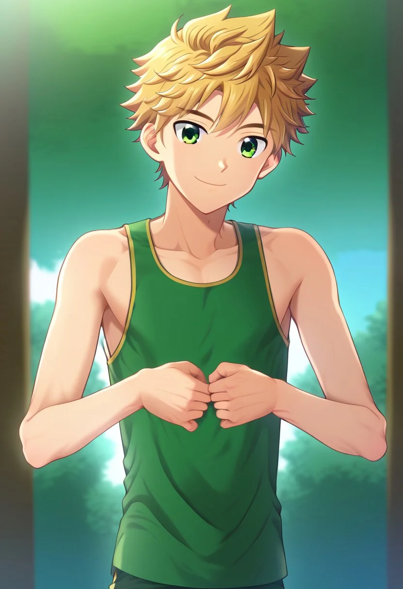 hikarishi_kenji, blond hair, short hair, bangs, green eyes, 1boy, (solo:1.20), solo focus, character with (athletic body:1.1), (balanced:1.2), green tank top, wear black trunk, smile, proportional body, strong lower body, handfixer
