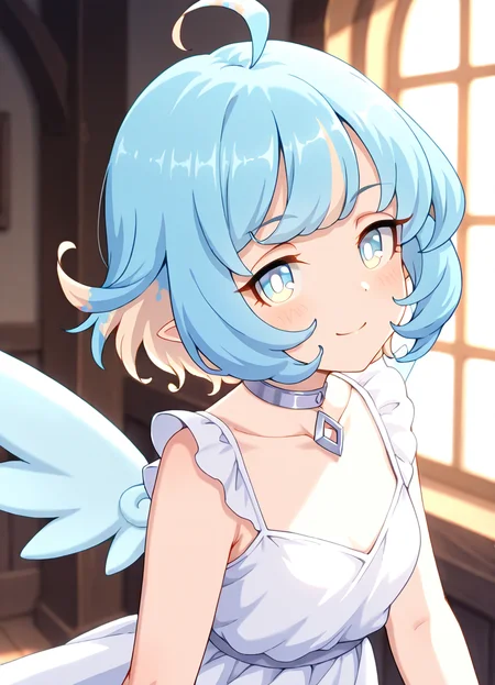 masterpiece, best quality, very aesthetic, absurdres, detailed, break, amy_(princess_connect), 1girl,short hair,blue hair,ahoge,multicolored hair,bangs,blue eyes,pointy ears,choker,wings,white dress