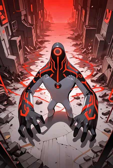 <lora:upgrade-08:1> upgrade, solo, no humans, neon trim, red strips, no humans,,, angry pose, red lights, destroyed city, from above,, masterpiece, best quality, amazing quality, very aesthetic, absurdres, newest,