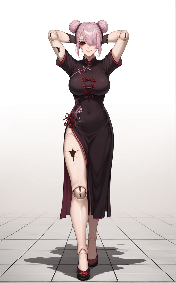 score_9, score_8_up, score_7_up, watson cross, looking at viewer, arms behind head, full body, shadow, halftone background, shoes, depth of field, solo,  <lora:PONYXL_JowolAkaPorcelainMaid_ownwaifu:1>, BREAK ChinaDress_JowolAkaPorcelainMaid_ownwaifu, 1girl, black dress, chinese clothes, double bun, pink hair, hair bun, hair over one eye, red eyes, short hair, alternate hairstyle, china dress, cracked skin, doll joints, gloves, one eye covered, short sleeves, stitches, bangs, black sclera, crack, large breasts, long eyelashes, mechanical arms, prosthesis, robot joints, scar, side slit, sidelocks,<lora:Expressive_H:0.15> <lora:add-detail-xl:0.15>,