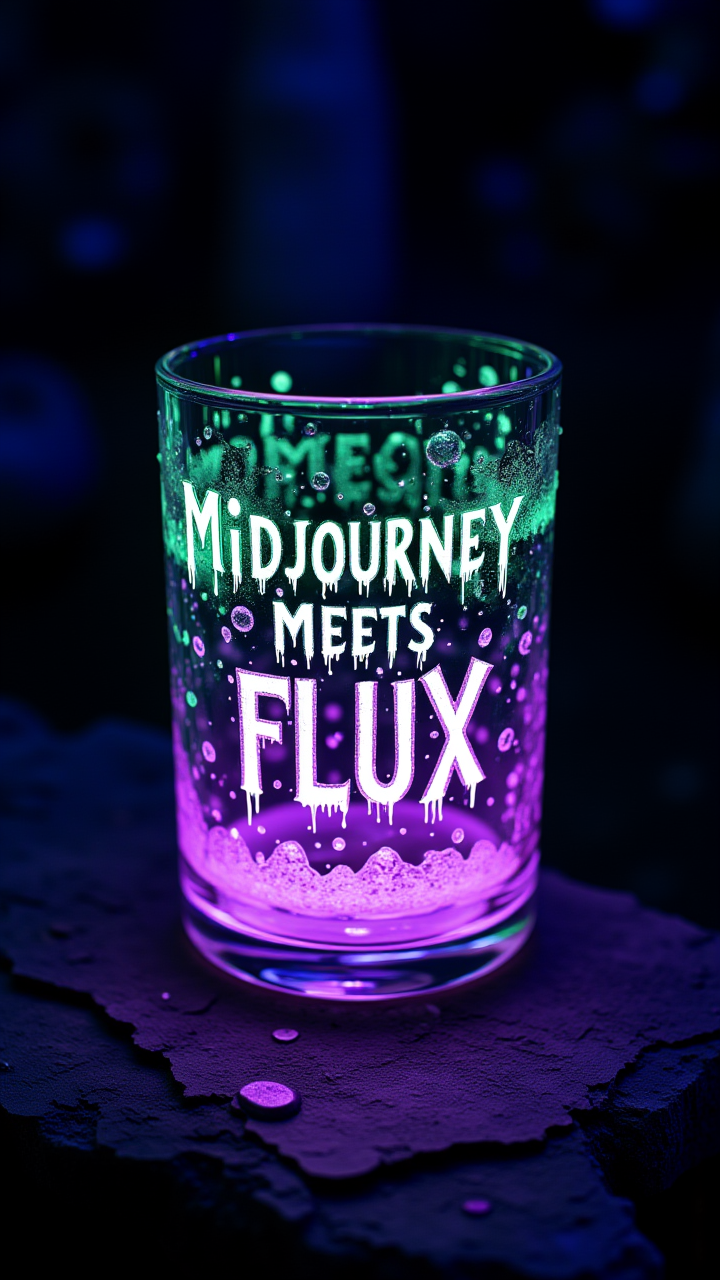 Fae Text made of glowing Blood with Text:"Midjourney meets FLUX", photograph of a scaory horror Potion Glass, at fluorescent purple and green, sharp, focussed, photo, moody, Sacred, aidmaMJ6.1