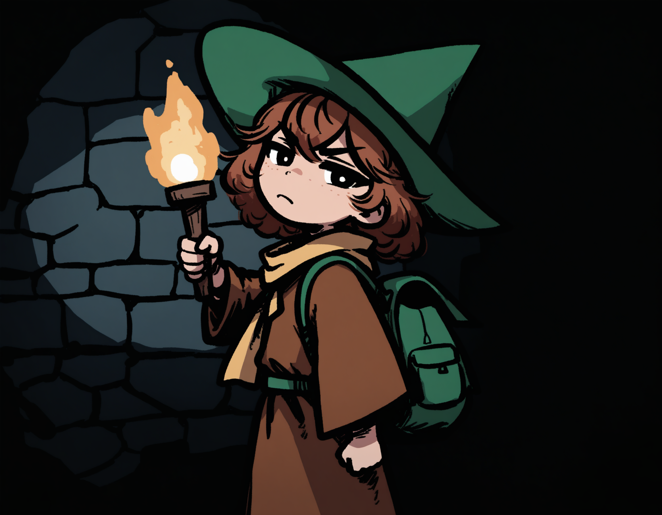 masterpiece, very awa, best quality, newest, absurdres, highres,
detailed background, indoors, stone wall, dim lighting, underground,
1boy, solo, muscular male,
black eyes, white pupils, brown hair, medium hair, flat chest, visible ears,
standing, upper body, holding torch, arm up,  half-closed eyes, looking at viewer, determined, brown robe, green backpack, large yellow scarf, green wizard hat, pointy hat, 
 <lora:bullyfox style 1200 steps:1>