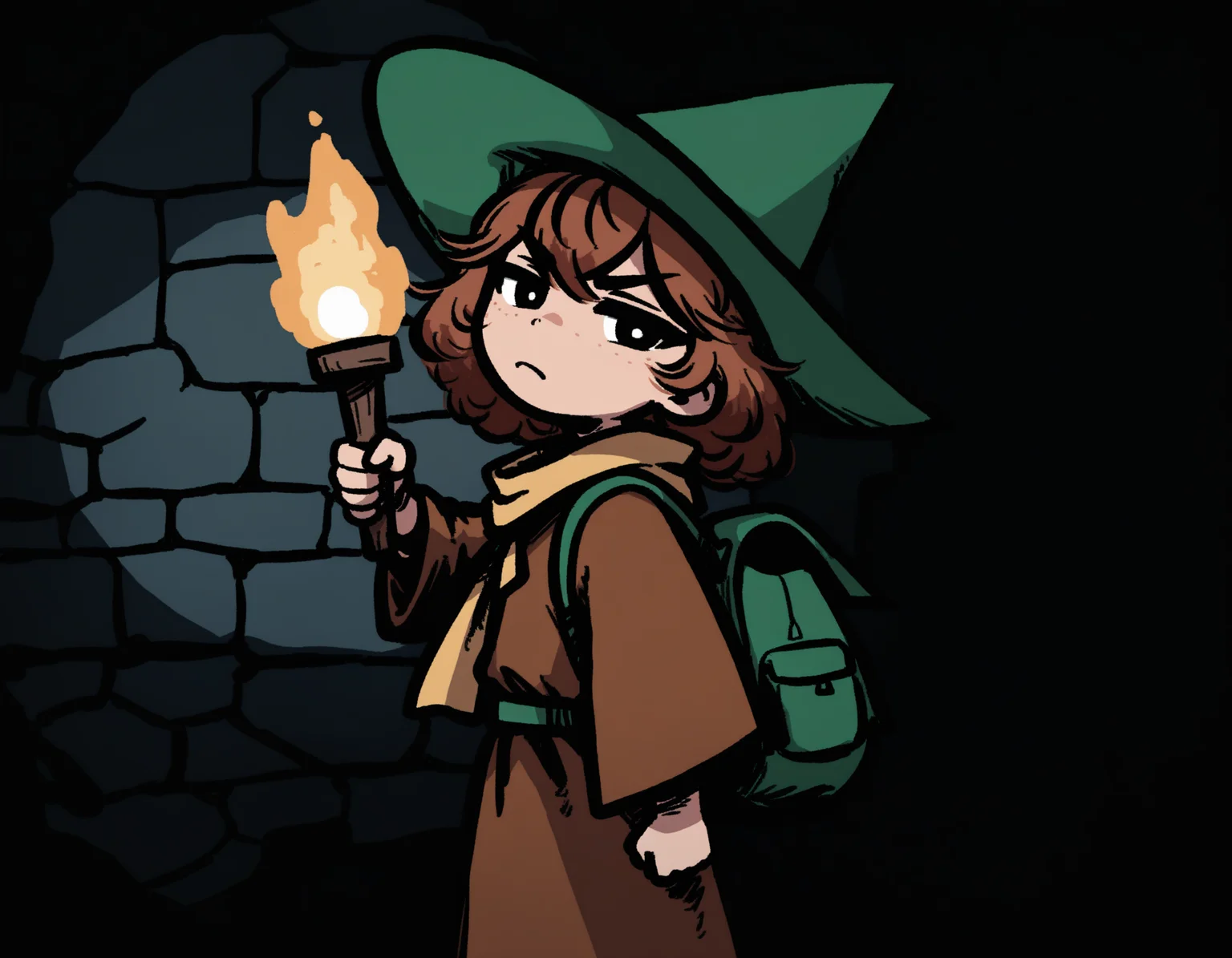 masterpiece, very awa, best quality, newest, absurdres, highres,
detailed background, indoors, stone wall, dim lighting, underground,
1boy, solo, muscular male,
black eyes, white pupils, brown hair, medium hair, flat chest, visible ears,
standing, upper body, holding torch, arm up, half-closed eyes, looking at viewer, determined, brown robe, green backpack, large yellow scarf, green wizard hat, pointy hat,
<lora:bullyfox style 1200 steps:1>
