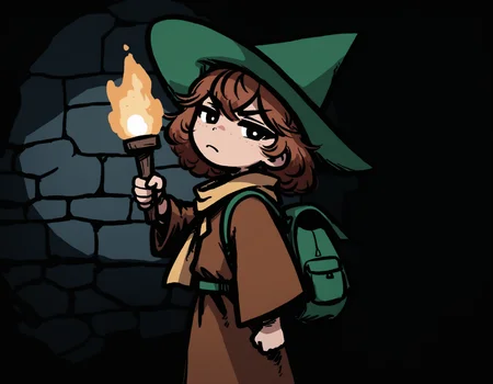 masterpiece, very awa, best quality, newest, absurdres, highres,
detailed background, indoors, stone wall, dim lighting, underground,
1boy, solo, muscular male,
black eyes, white pupils, brown hair, medium hair, flat chest, visible ears,
standing, upper body, holding torch, arm up, half-closed eyes, looking at viewer, determined, brown robe, green backpack, large yellow scarf, green wizard hat, pointy hat,
<lora:bullyfox style 1200 steps:1>