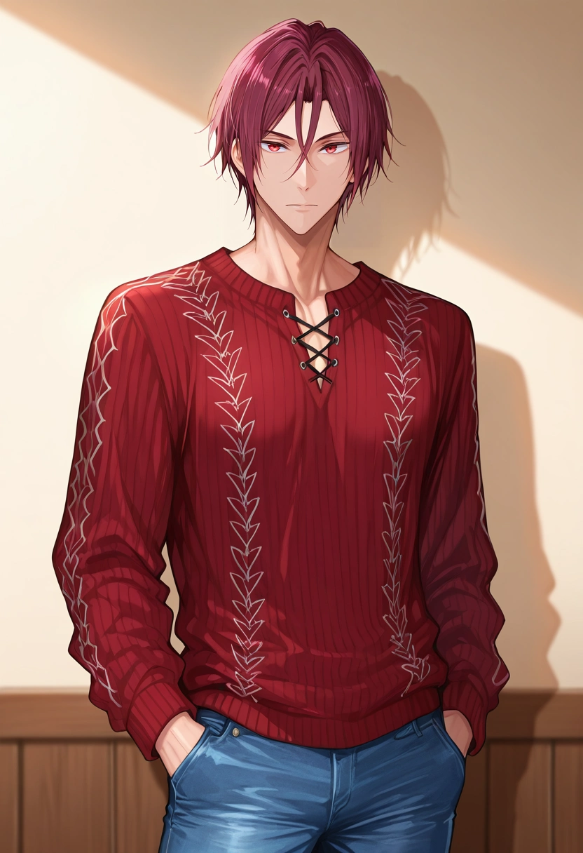 masterpiece, best quality, intricate details, semi-realistic, , 1boy, solo, male focus, <lora:rin_matsuoka_ilxl:1>, rin_matsuoka, red hair, red eyes, hair between eyes, , Jeans, Herringbone Canvas Quarter-zip pullover, , ,