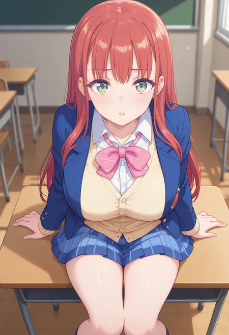 1girl, solo, miharu_aragaki, long hair, red hair, green eyes, school uniform, blue jacket, blazer, pink bowtie, shirt, cardigan, skirt, large breasts, looking at viewer, parted lips, classroom, on desk, sitting