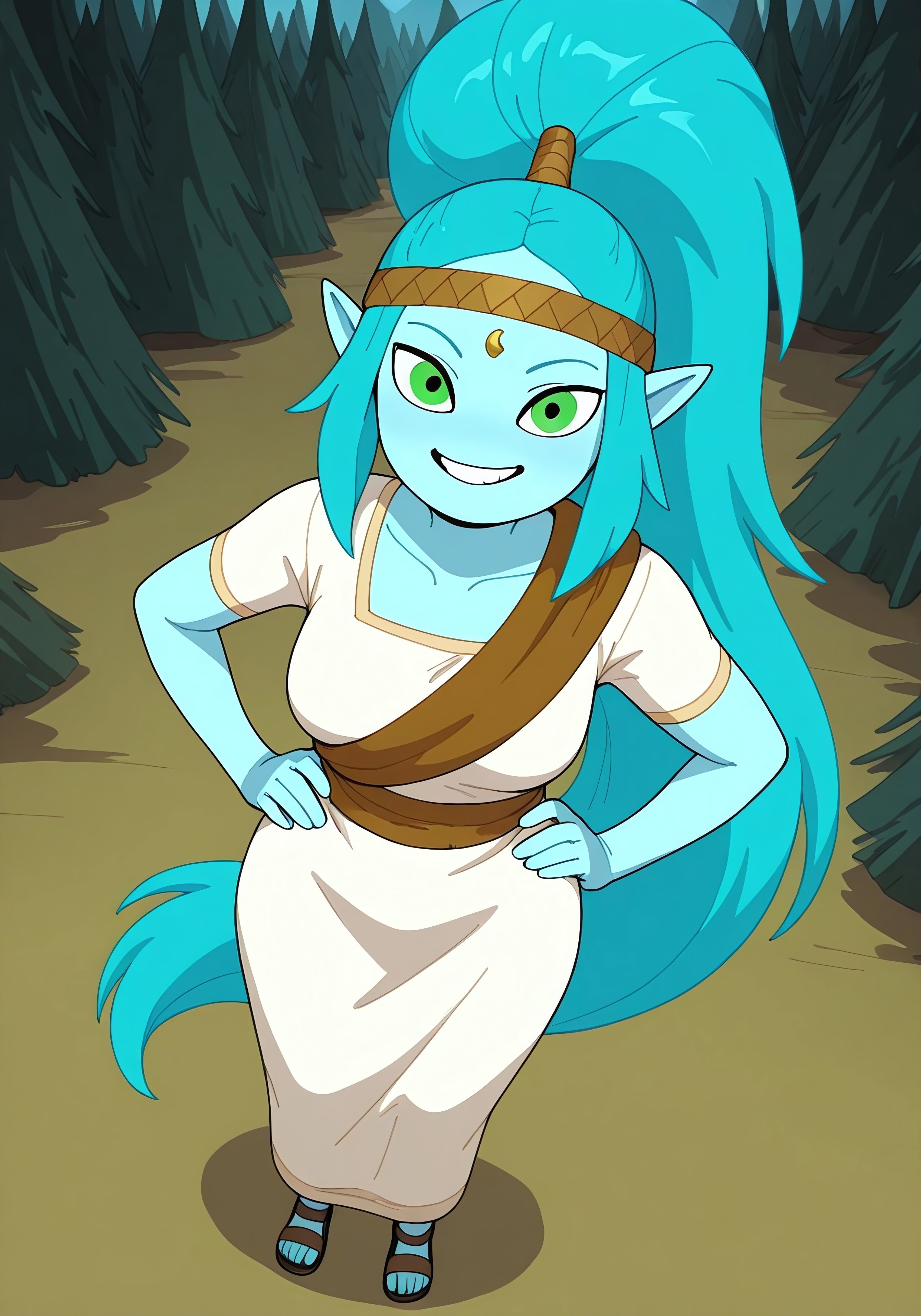 canyonILL, masterpiece, best quality, newest, absurdres, highres, 1girl, solo, long hair, colored skin, green eyes, pointy ears, blue skin, blue hair, ponytail, very long hair, aqua hair, tall female, medium build, breasts, smiling, sandals, forehead jewel, white dress, headband, high ponytail, standing, looking at viewer, smiling, forest background, dynamic angle, foreshortening, hands on hips