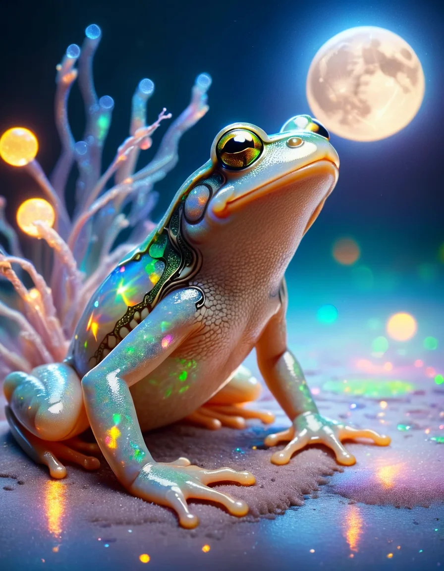 macro photo, a beautiful frog, glowing lights, beautiful magical sparkles, moon dust particulates, vibrant whimsical colors, made out of ral-opal <lora:ral-opal-sdxl:1>