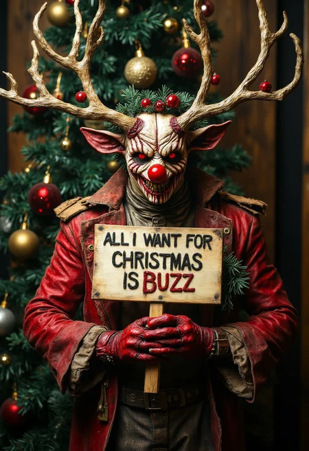 "All I want for Christmas is Buzz", A horrific, Christmas-themed Xmasdemon, monster with antlers and decorations on its head, is holding a sign in front of a christmas tree, horrorcore,   dark fantasy, photorealistic, hyper-realistic, christmascore