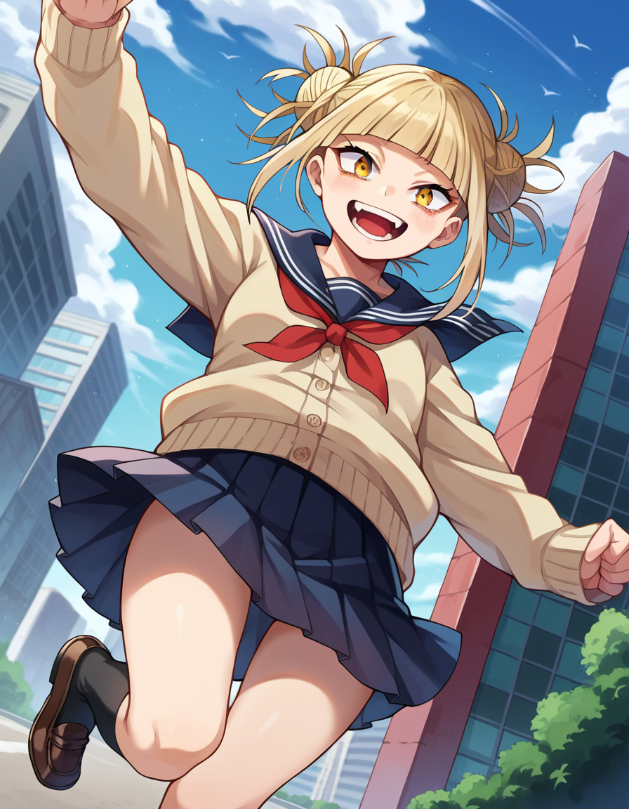 score_9, score_8_up, score_7_up, source_anime,
himikotoga, <lora:himiko-toga-ponyxl-lora-nochekaiser:1>,
himiko toga, bangs, blonde hair, yellow eyes, blunt bangs, hair bun, double bun, messy hair, smile, open mouth,
skirt, long sleeves, school uniform, pleated skirt, shoes, serafuku, socks, sailor collar, blue skirt, neckerchief, kneehighs, brown footwear, cardigan, black socks, loafers, red neckerchief, yellow cardigan,
outdoors, cityscape,
looking at viewer, cowboy shot, dutch angle, dynamic pose,
