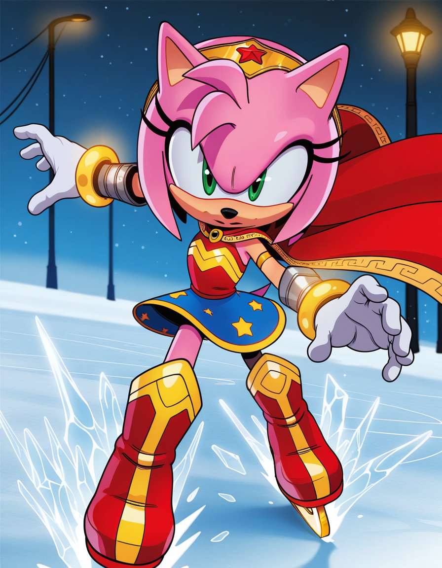1girl, solo, no humans, petite, official art,
<lora:WonderAmy_v1:1> wonderamy, alternate costume, amy rose, gold trim, red cape, white gloves, bracer, gold hairband, blue skirt, sleeveless, breastplate, armored boots, star \(symbol\), star print, bare shoulders, armlet, miniskirt, gold brooch, brooch, red shirt, gold bracelet, tail through clothes,
(medium shot), ice skating, detailed face, located in a winter scene at a wintry frozen river during afternoon with frosty weather, illuminated by streetlights casting shadows, creating a peaceful,bright atmosphere