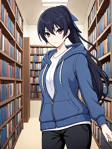 masterpiece, best quality,
anime coloring, cel shading,
<lora:harukakuramori.sdxl.v3:0.8> haruka kuramori,black hair,
1girl,solo,
long ponytail,
blue sweater,
white shirt, black pants, hoodie,
library,