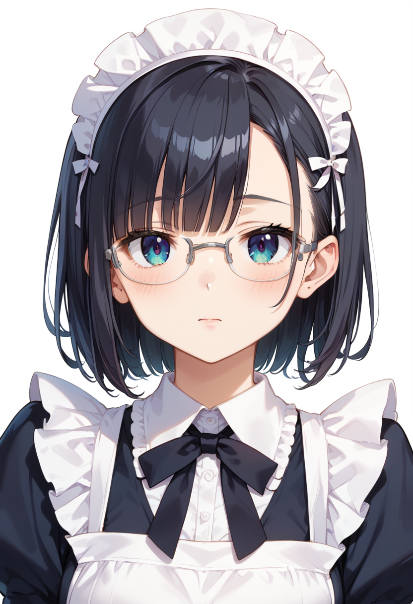 score_9, score_8_up, score_7_up, rating_safe, masterpiece, best quality, absurdres, unity 8k wallpaper, official art, official style, source_anime, uncensored, game cg, megami magazine,
1girl, solo, black hair, medium hair, upper body, covered eyes,maid, maid headdress, black dress, maid apron, face focus,
halfrim22A,  still life, white background, simple background, grey-framed eyewear,
 <lora:glasses_halfrim22A_PONY_V1:1>