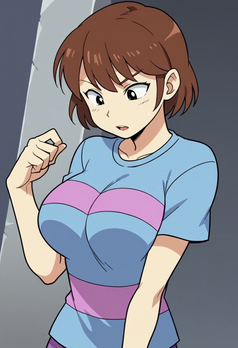 score_9, score_8_up, score_7_up, source_anime, anime screencap,  frisk (dezz), brown hair, short hair, black eyes, large breasts, 1girl, solo, striped, shirt,