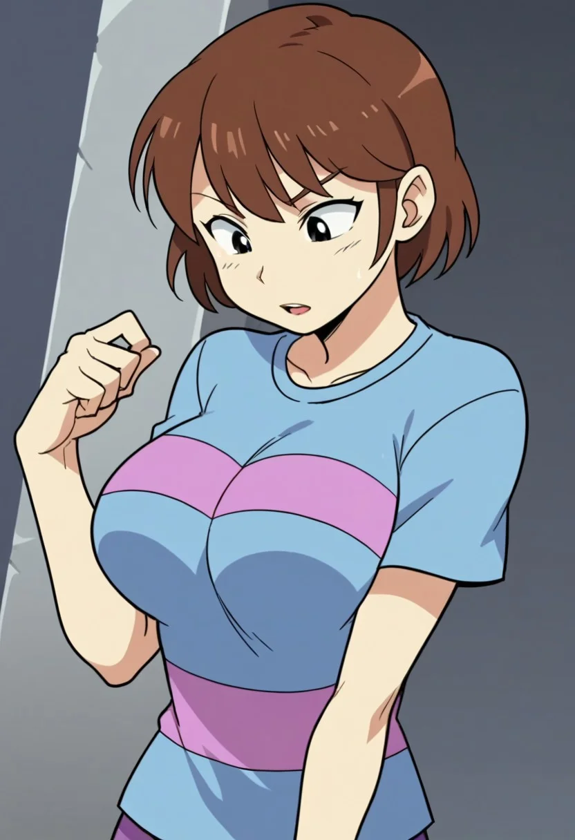score_9, score_8_up, score_7_up, source_anime, anime screencap, frisk (dezz), brown hair, short hair, black eyes, large breasts, 1girl, solo, striped, shirt,