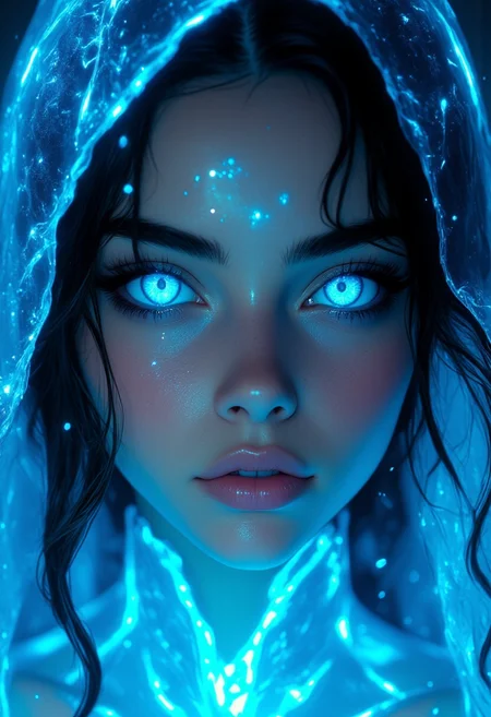 A beautiful woman with crystal blue glowing eyes and curly hair, wearing an ice hat, surrounded by icy water droplets, creates a surreal atmosphere. The art style is fantasy, with cinematic lighting and blue tones. It is a close-up portrait with a mysterious mood, depicting an ethereal beauty in a fantasy world. hkmagic, hkbeauty <lora:FantasyWizardWitchesFlux:0.7> <lora:TestStyle-000001:0.85>