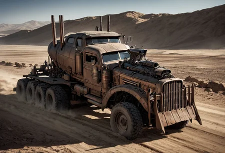 (8k, RAW photo, highly detailed, masterpiece, highest quality, hyper realistic, intricately detailed, vivid and vibrant colors), war rig, rat rod truck, exhaust pipes, cowcatcher plough, skulls, wheels, motor vehicle, ground vehicle, vehicle focus, driving in desert, daytime, sunlight, 2.5d, high contrast, highly detailed, high contrast, Cinematic Shot, Cinematic Lighting, (sharp focus, sharp image, high poly, complex lighting), In a dystopian world, Mad Max Fury Road style