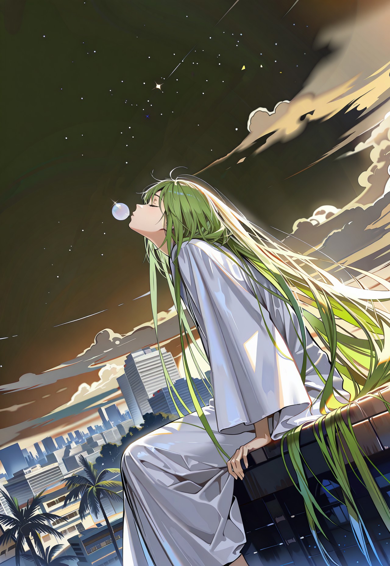 WALLPPR_ST, masterpiece, best quality, very aesthetic, high resolution, ultra-detailed, absurdres, newest, detailed eyes, beautiful, perfect lighting, hi res, amazing quality, very awa, painting_(artwork), dynamic angle, dynamic pose, WALLPPR_ST, enkidu (fate), green hair, androgynous, 1other, outdoors, sitting, building, star (sky), bubble blowing, palm tree, white robe, moon, cloud, 1boy, city, from side, starry sky, looking up, scenery, profile, night sky, male focus, closed eyes, dress